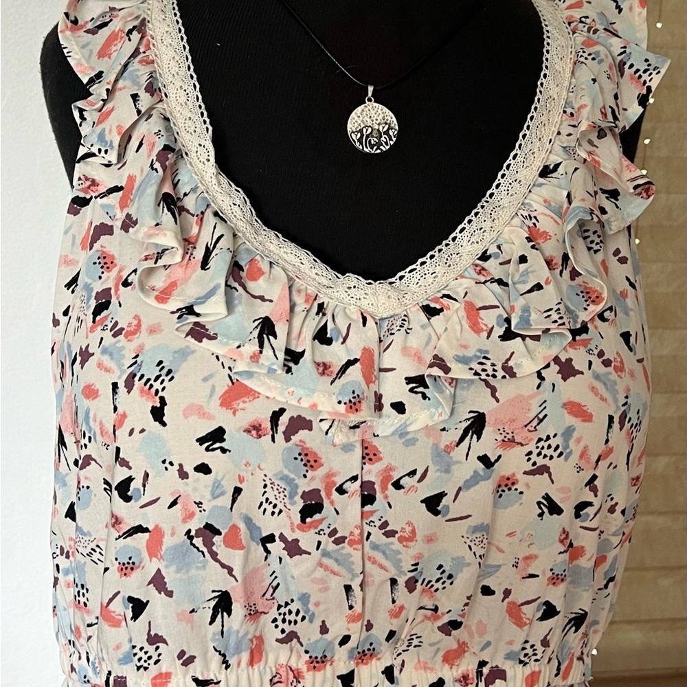 TORRID Long Tank Top Multi Color Abstract Print Ruffle Lace Details  Sz 3 EUC - Picture 11 of 16